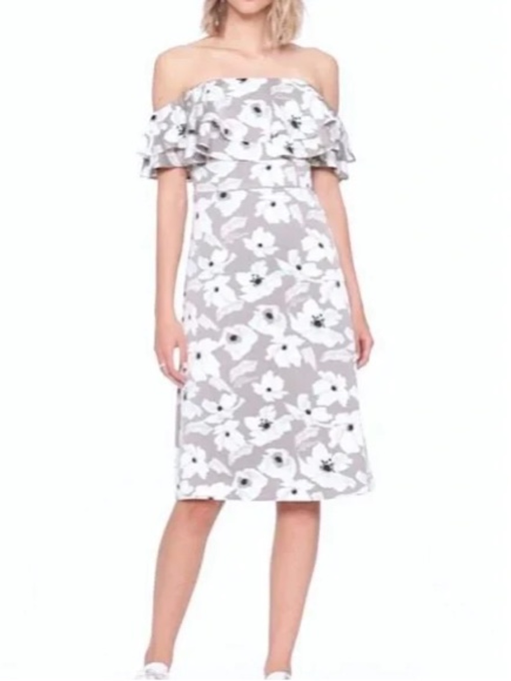 NWT Banana Republic Off-the-Shoulder Floral Midi Dress in Light Gray and White